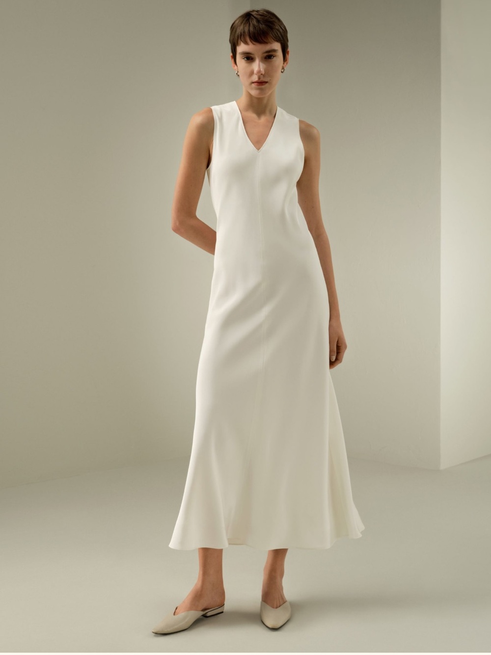 LILYSILK V-Neck Silk Maxi Dress Natural White L Minimalist Bridal Wedding Gown
